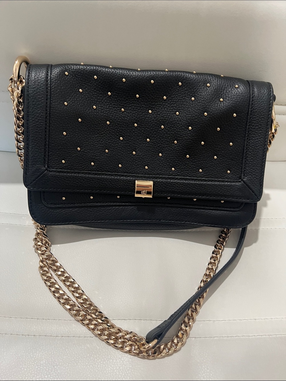 Cole Haan Black Leather Studded Crossbody with Gold Chain NWOT